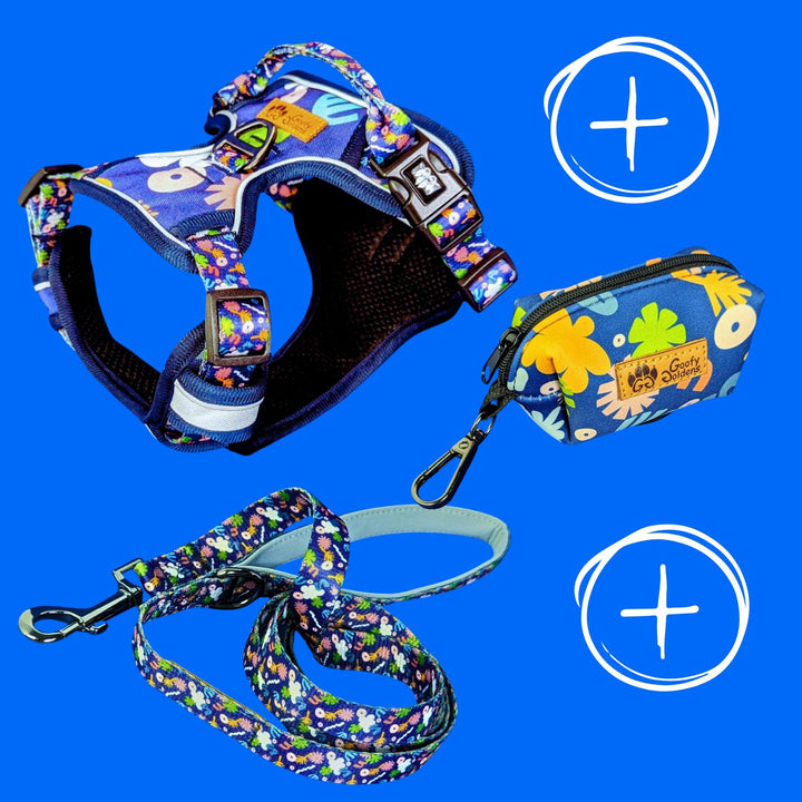 Kit de balade "Harnais anti traction" de la collection Deep Agua comprenant: le harnais, la laisse et le distributeur de sacs à crottes