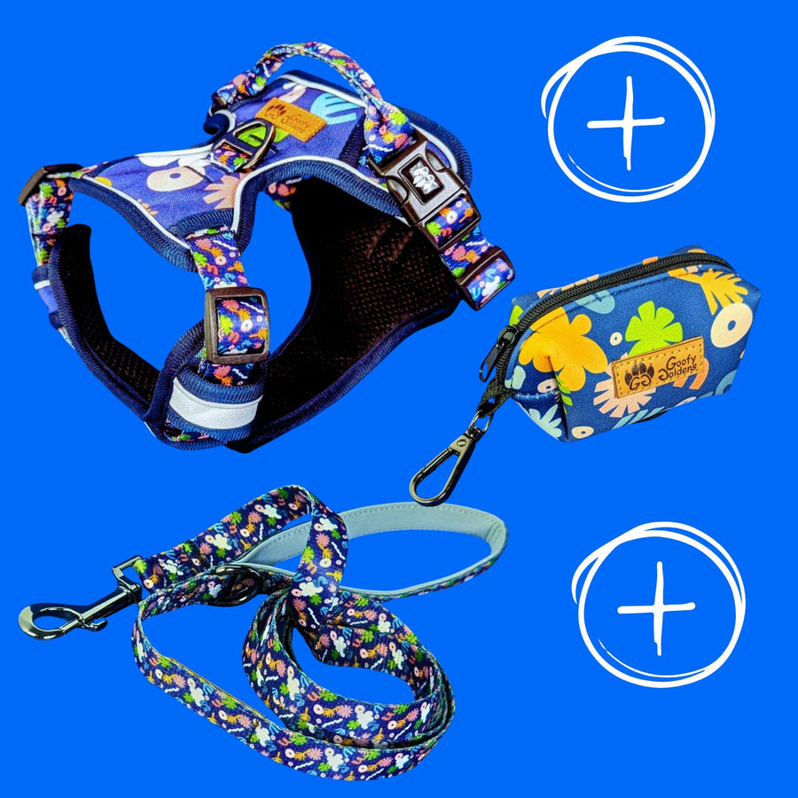 Kit de balade "Harnais anti traction" de la collection Deep Agua comprenant: le harnais, la laisse et le distributeur de sacs à crottes