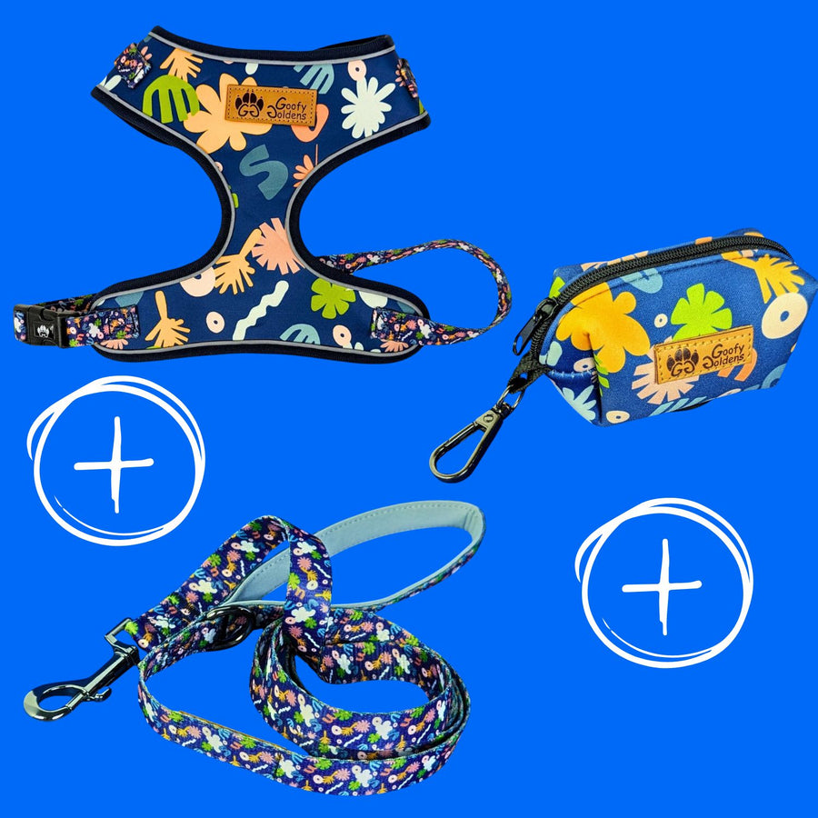 Kit de balade "Harnais" de la collection Deep Agua comprenant: le harnais, la laisse et le distributeur de sacs à crottes