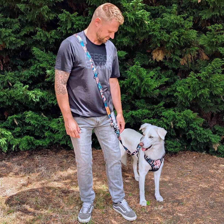 Un maĂźtre et son chien prennent la pose face Ă lâobjectif. Le chien porte un harnais ainsi quâune laisse multiposition de la gamme savane.