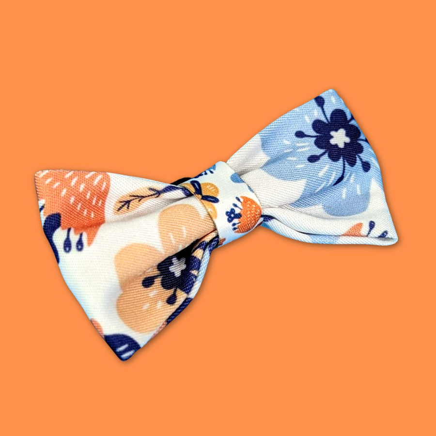 Noued papillon pour chien de la gamme printemps. fleuri aux tons bleus et orangés