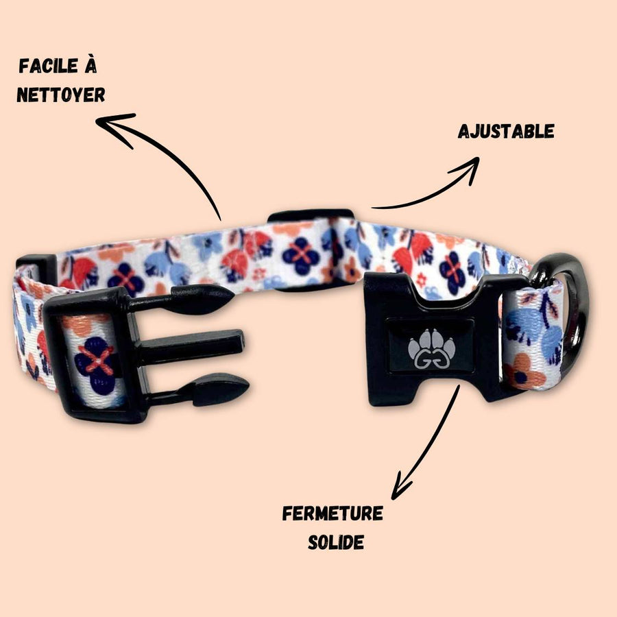 Collier pour chiens de la collection Printemps aux tons bleus et orange. Présenté ouvert pour montrer la boucle de fermeture robuste et solide.