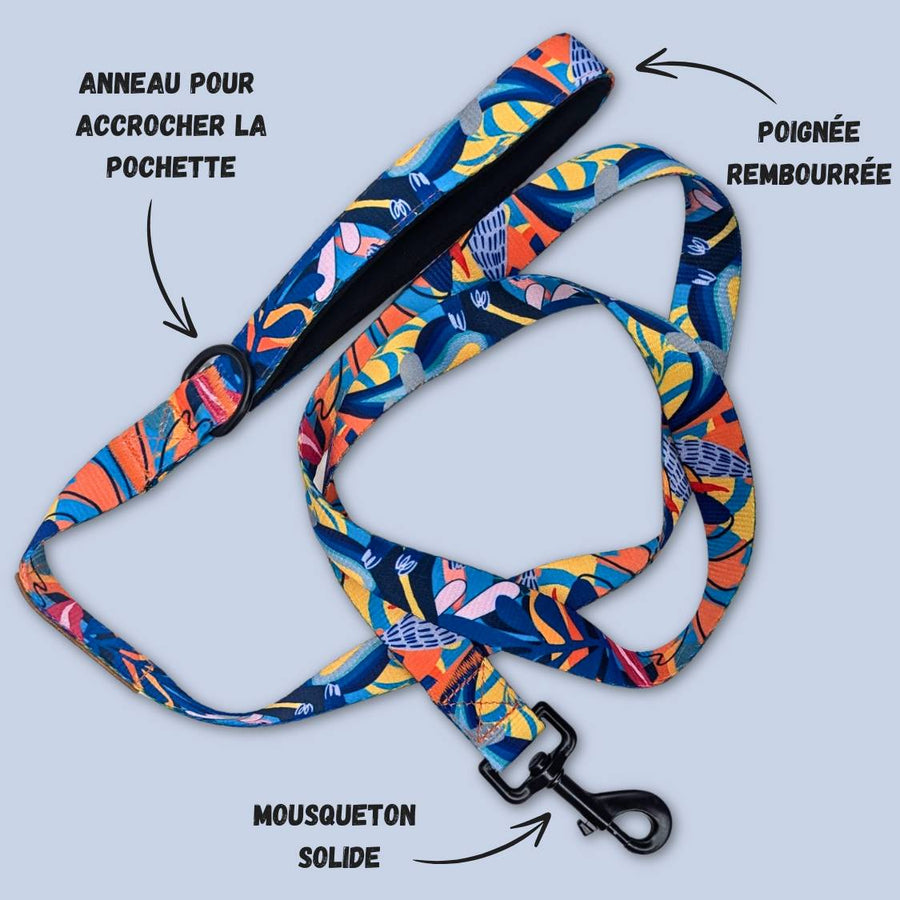 Laisse de la gamme Lagon entiĂšrement dĂ©pliĂ©e, mettant en Ă©vidence la poignĂ©e rembourrĂ©e pour un confort optimal ainsi que les systĂšmes dâattache robustes.