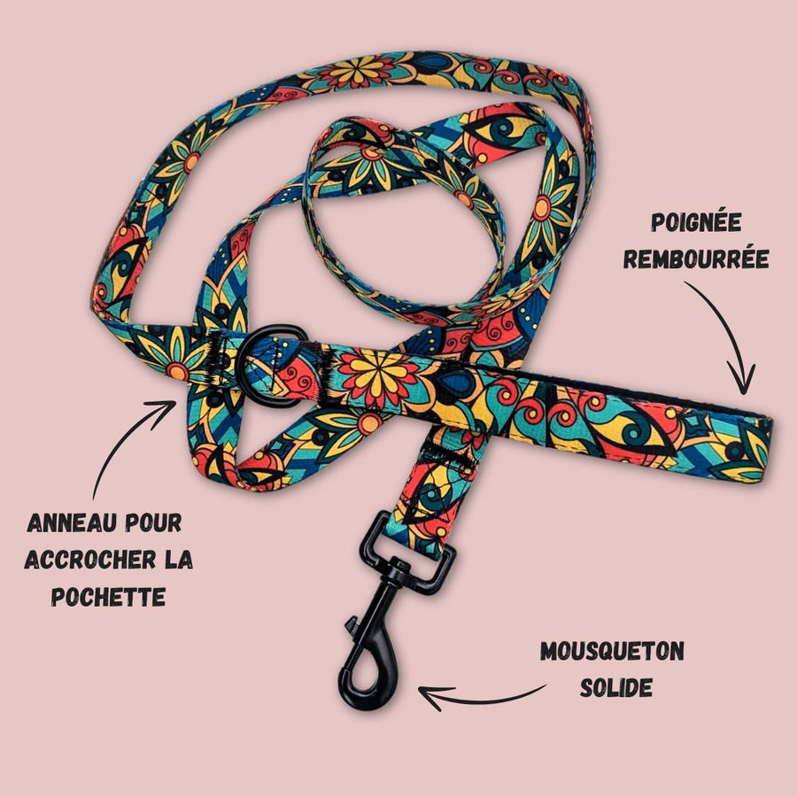 Laisse de la gamme Mandala entièrement dépliée, mettant en évidence la poignée rembourrée pour un confort optimal ainsi que les systèmes d’attache robustes.