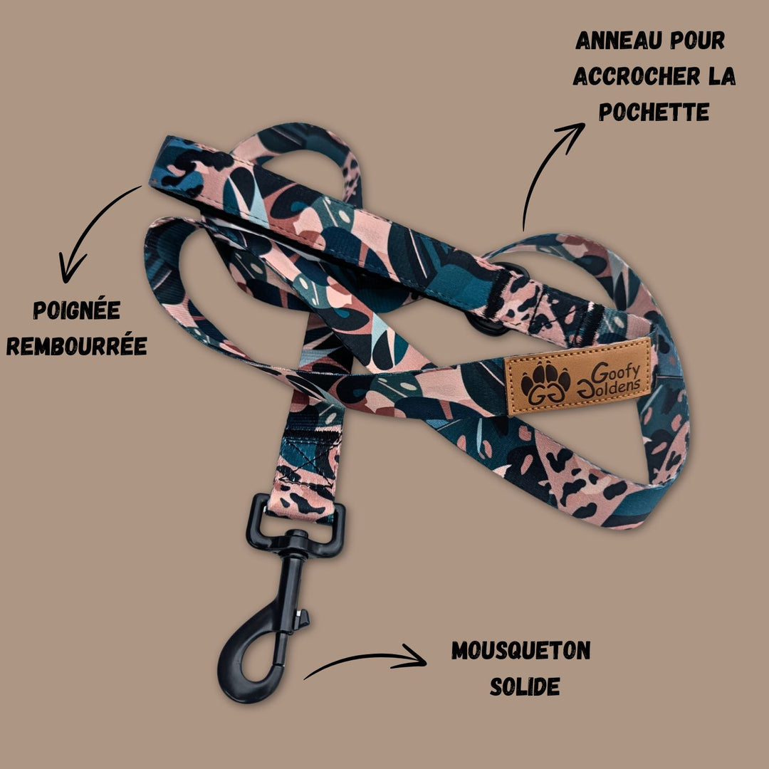 Laisse de la gamme Savane entièrement dépliée, mettant en évidence la poignée rembourrée pour un confort optimal ainsi que les systèmes d’attache robustes.