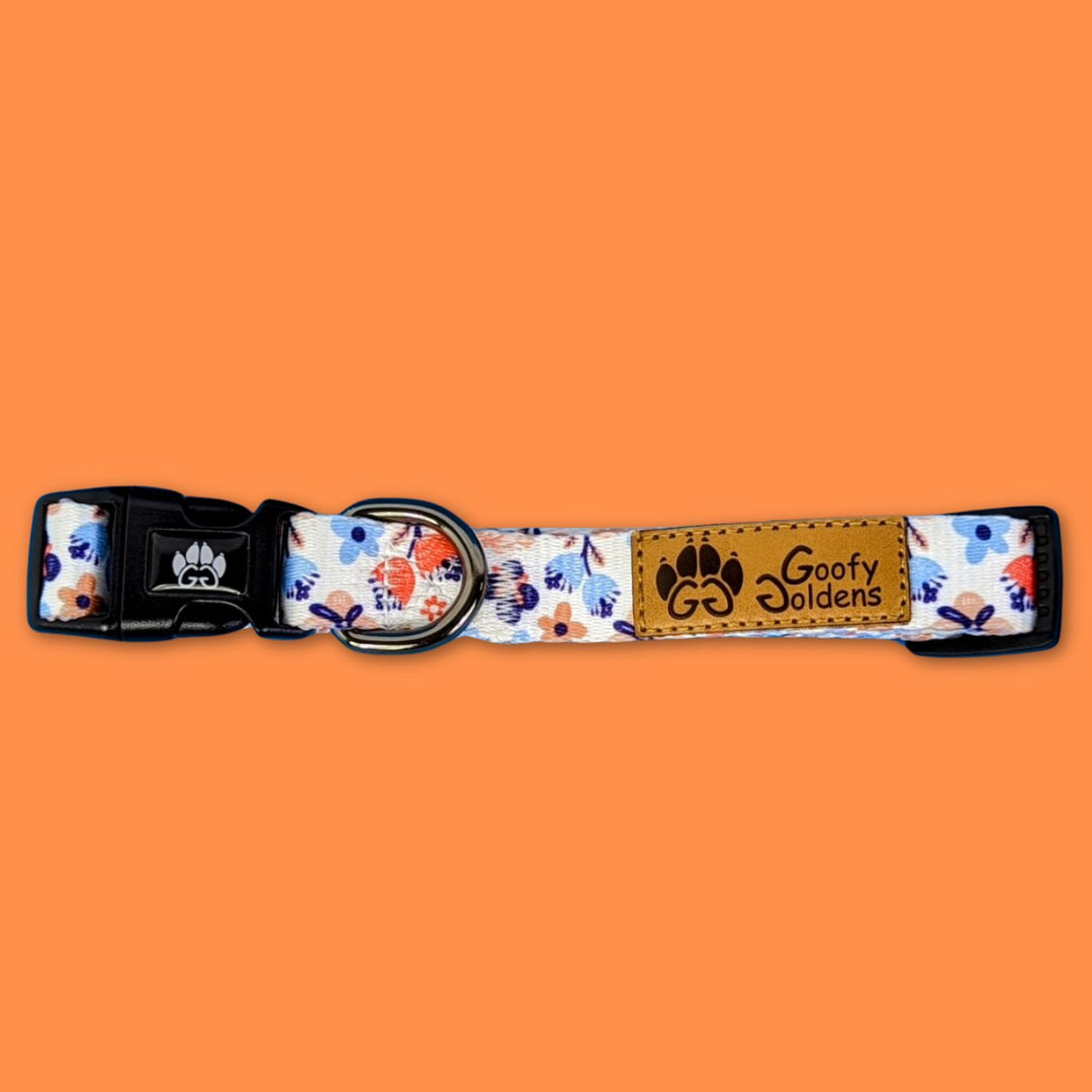 Collier chien de la collection Printemps ,aux fleurs bleues et oranges, montré de côté.
