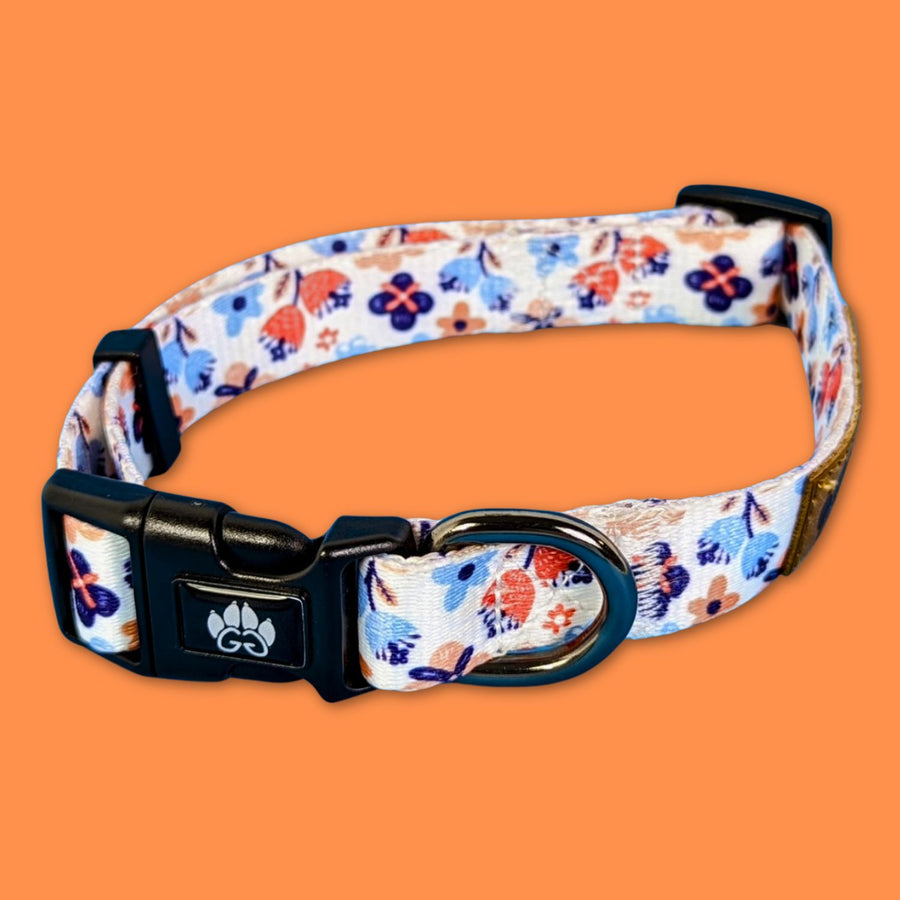 Collier pour chien collection Printemps de la marque Goofy Goldens. Joli collier solide aux motifs floraux bleu et orange