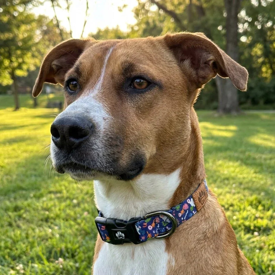 Dans un parc , un chien porte un collier Deep Agua aux petits motifs colorés orange, vert, rose et bleu