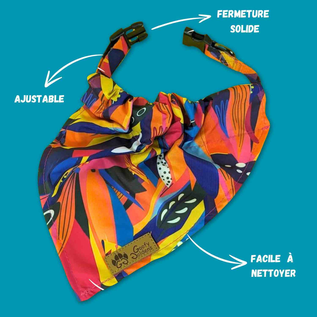 Caractéristiques du collier bandana panache pour chien, on voit ici qu'il est ajustable, facile à nettoyer avec une fermeture solide