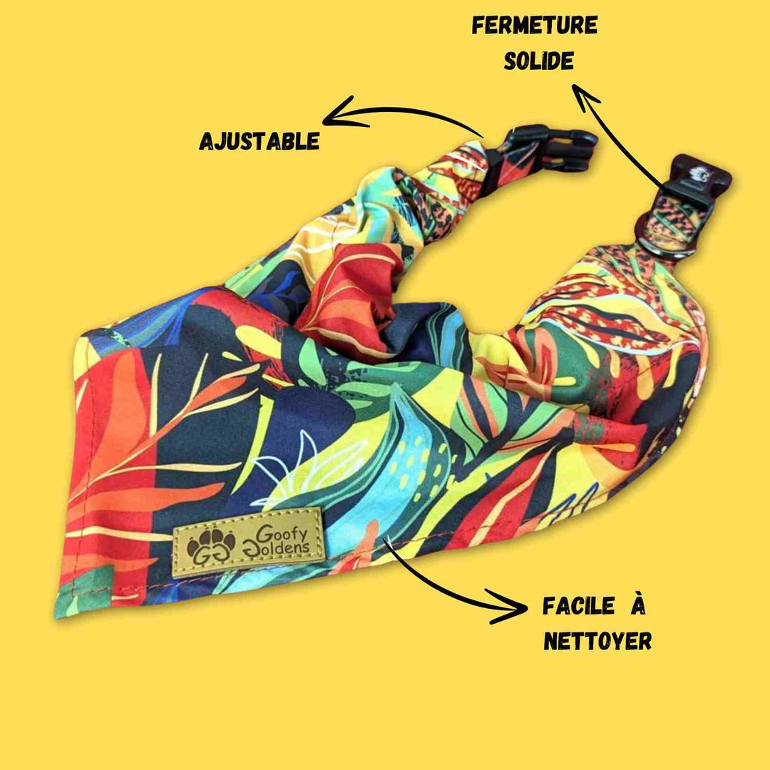 Caractéristiques du collier bandana pour chien de la collection Tropical. C'est un produit ajustable, avec fermeture solide et facile à nettoyer