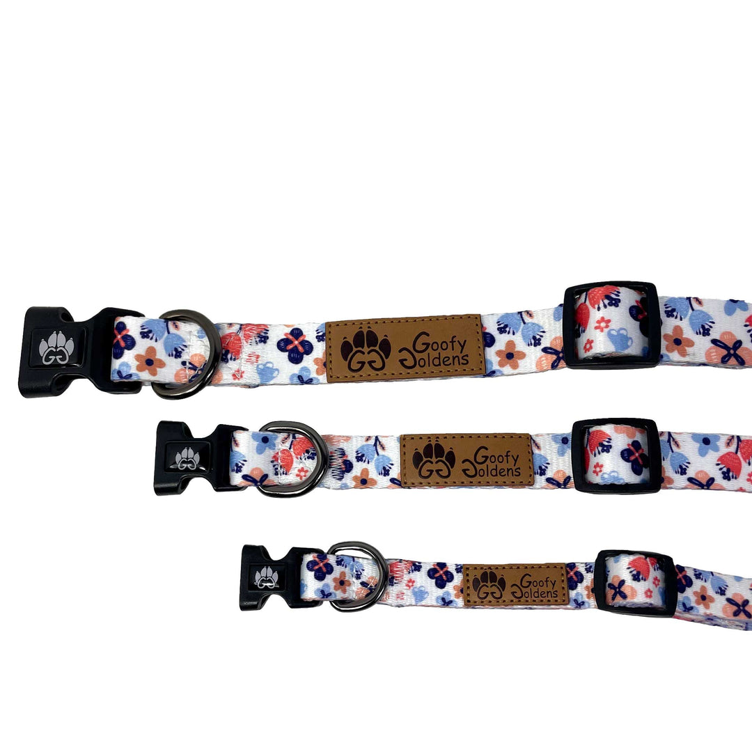 Mise en avant des 3 tailles de colliers pour chien existants de la collection florale Printemps de la marque Goofy Goldens. 