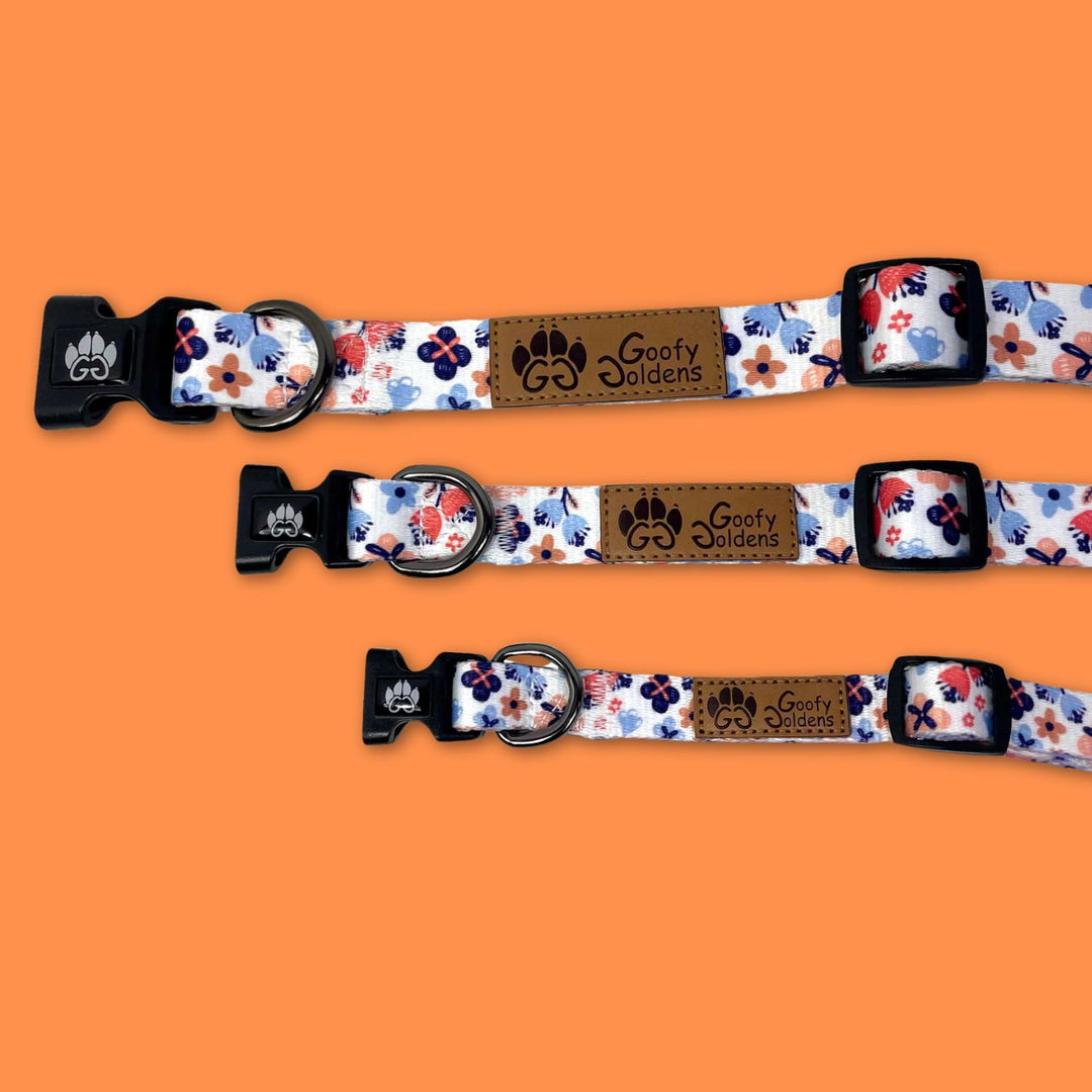 Mise en avant des 3 tailles de colliers pour chien existants de la collection florale Printemps de la marque Goofy Goldens.