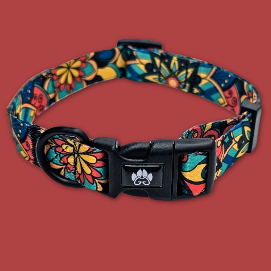 Gros plan sur la boucle de fermeture et l’anneau d’attache de la laisse Mandala, aux motifs colorés mêlant vert, rouge, jaune et bleu.