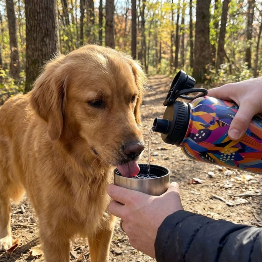 chien Golden retriever buvant dans le bol de la gourde pour rando panache de chez Goofy Goldens