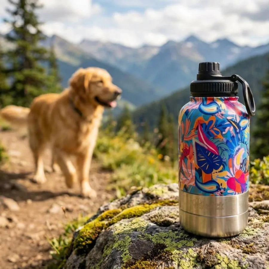 Gourde de voyage Lagon de chez Goofy Goldens, avec en fond, un chien Golden Retriever se balandant en montagne