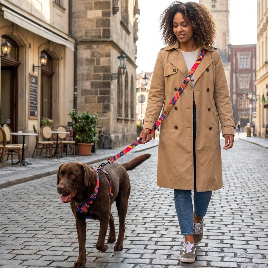 Au cœur de la ville, on voit une femme tenir son chien en bandoulière, relié par la laisse multiposition Panache fixée au harnais coordonné de la collection.
