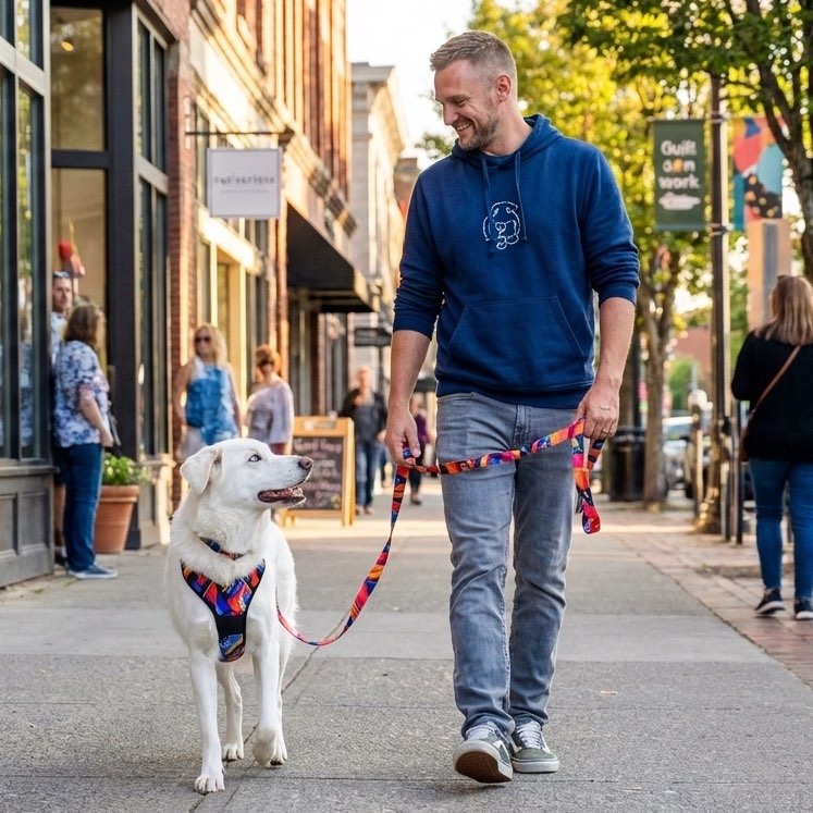 on voit sur la photo un homme balandant son chien blanc en ville. le chien porte le harnais confort panache et l'homme la laisse multiposition panache