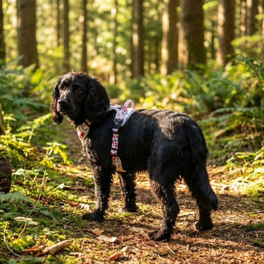 Un petit chien marron, arborant un harnais confort de la gamme pétales aux couleurs rose, orange, bleu et jaune, se balade sereinement au cœur de la forêt.