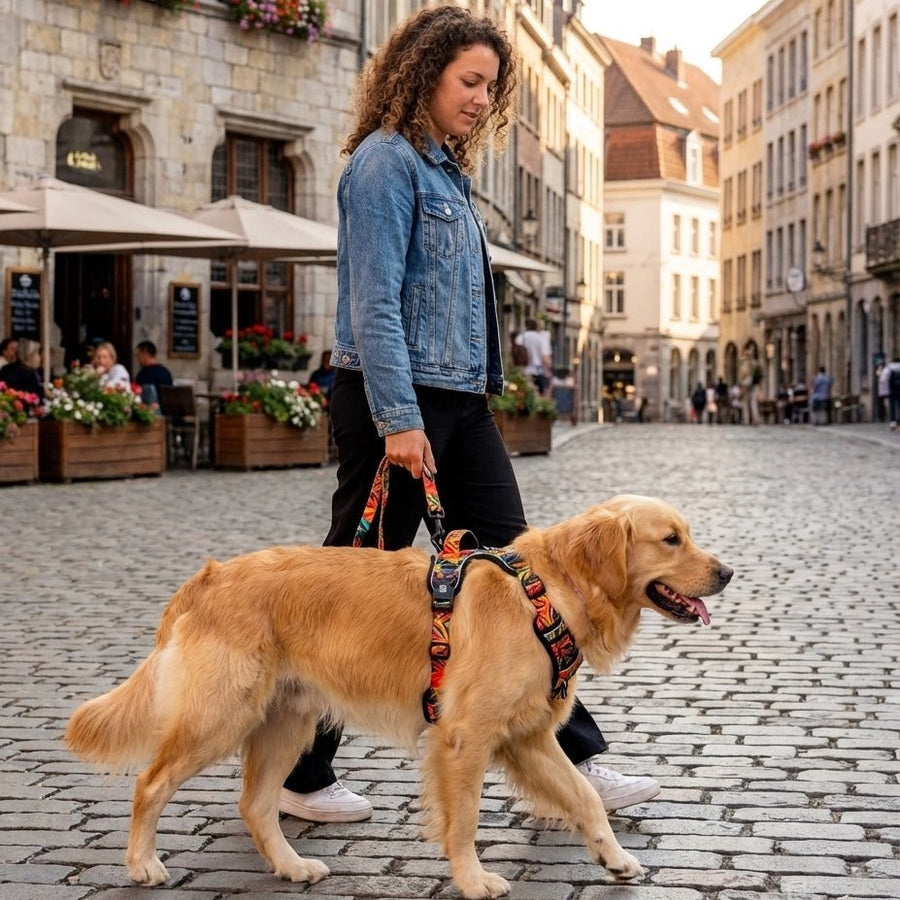 femme promenant son chien en ville. le chien porte la harnais confort tropical de chez goofy goldens et la femme la laisse de la meme collection tropical
