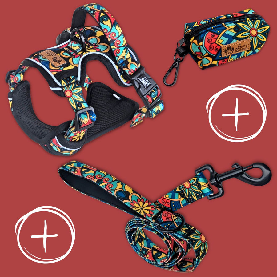 Kit de balalde ,collier, laisse et sac à déjéction assortis avec un tissu coloré à motif Mandala rouge , jaune , bleu et vert.