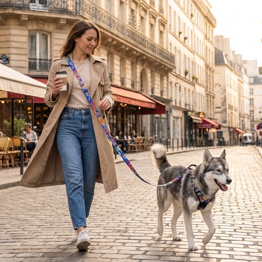 On peut voir sur la photo une femme baladant son chien en ville en laisse lagon main libre, pour plus de liberté pour les mains