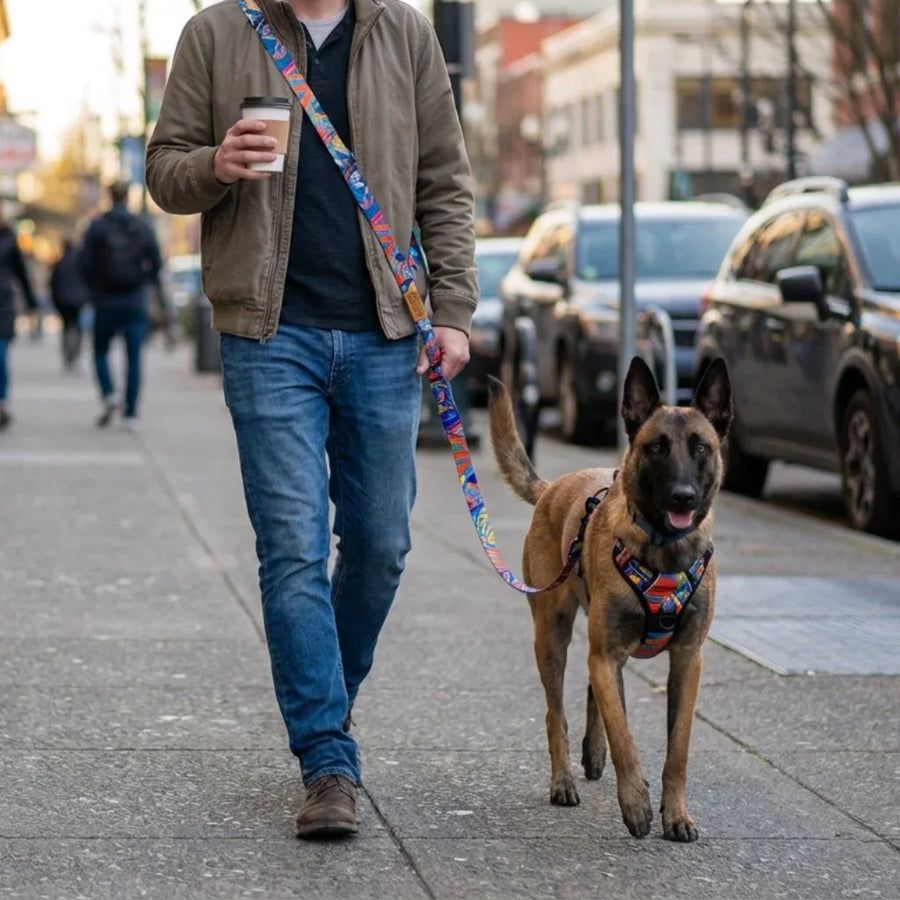 Un homme se promĂšne en ville avec son chien, un cafĂ© Ă la main. La laisse multiposition Lagon est portĂ©e en bandouliĂšre et attachĂ©e Ă un harnais assorti de la mĂȘme collection.