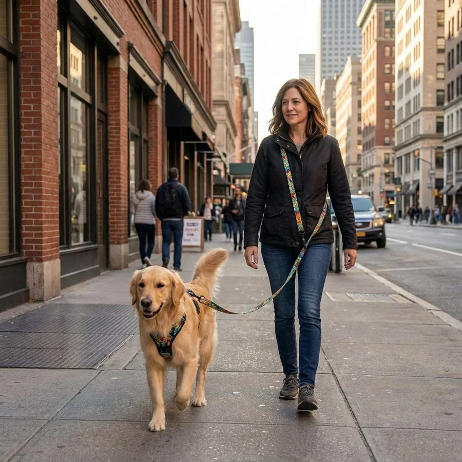 En pleine balade urbaine, une femme marche avec son chien, muni de son harnais Mandala et relié à la laisse multiposition portée en bandoulière.