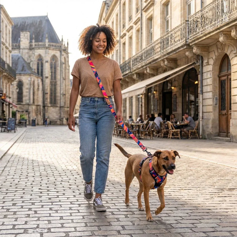 Une femme promène son chien en ville, équipée de la laisse multiposition Panache portée en bandoulière, assortie à un harnais très coloré de la même collection.