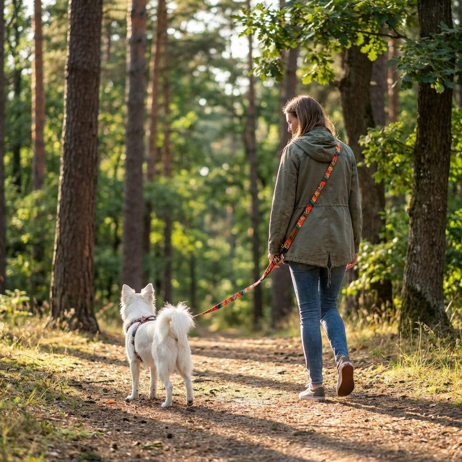 Lors dâune balade en pleine nature, une femme marche en forĂȘt, de dos, accompagnĂ©e de son petit chien blanc, Ă©quipĂ©e de la laisse multiposition Tropical portĂ©e en bandouliĂšre.