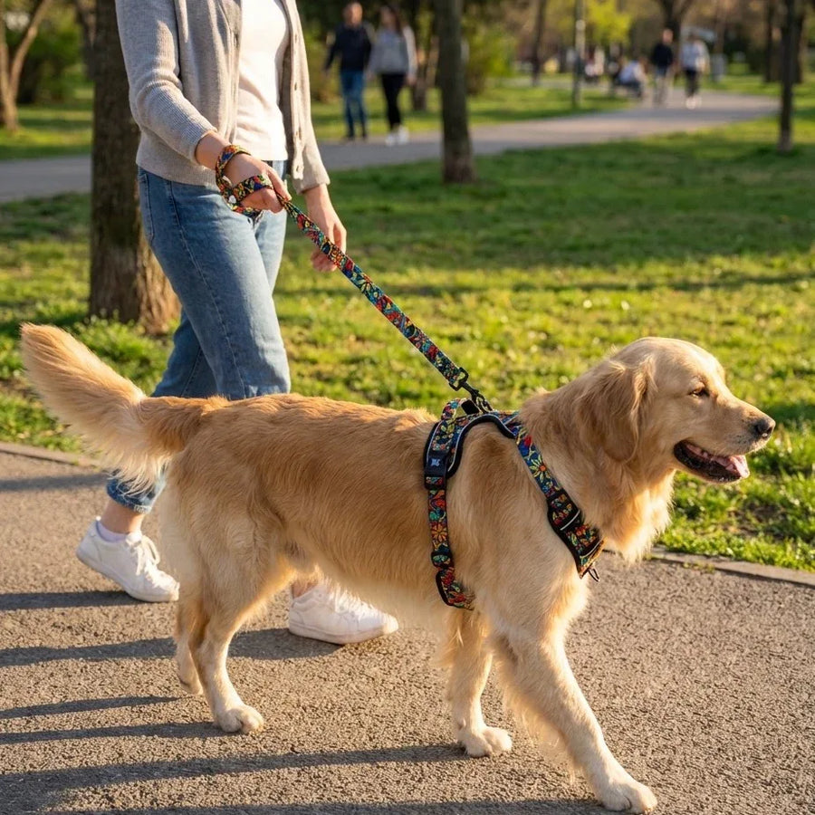 Une femme se promène dans un parc avec son chien, tenu par une laisse Mandala ornée de motifs graphiques aux couleurs vertes, rouges, jaunes et bleues, attachée à son harnais de la même collection.