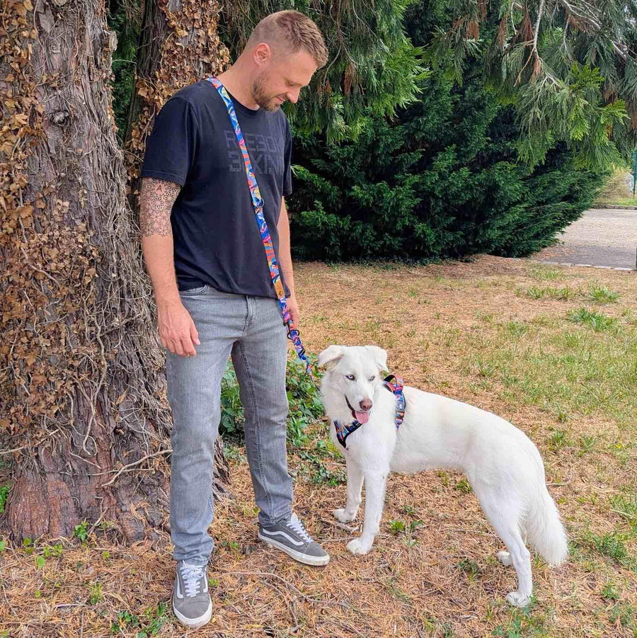 Un maßtre et son chien posent devant l'objectif. Le chien, équipé de son harnais, porte une laisse multiposition de la collection Lagon, ajustée en bandouliÚre.