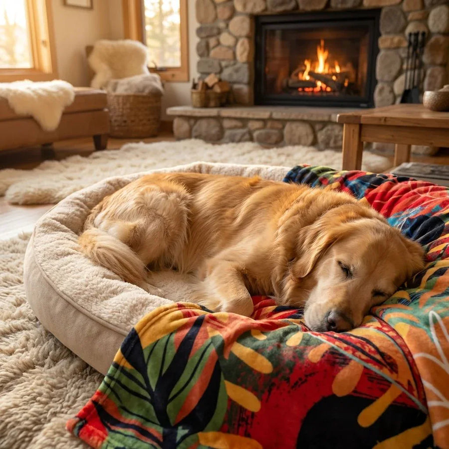 Dans lâatmosphĂšre cosy du salon, un labrador marron dort paisiblement sur un coussin drapĂ© dâun plaid Tropical trĂšs colorĂ©.