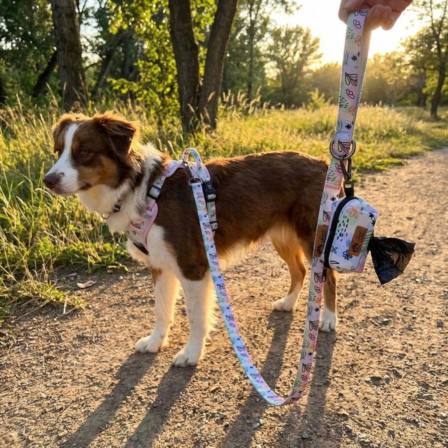 Pochette pour sacs à crottes avec laisse et chien équipé du harnais Pastel Confort