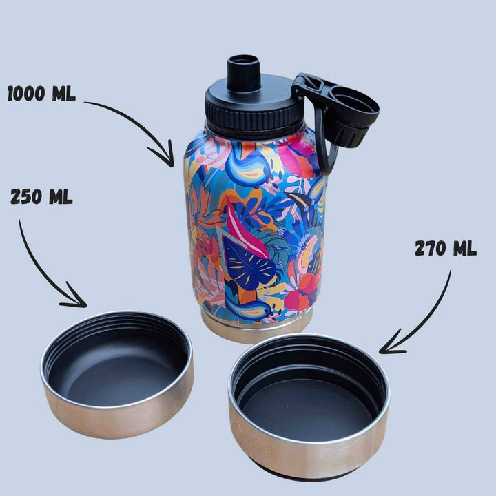 Gourde 3en1 pour chien Lagon d'une contenance de 1000 ml, équipée de deux récipients à visser : l’un de 250 ml et le second de 270 ml et d'un bec verseur