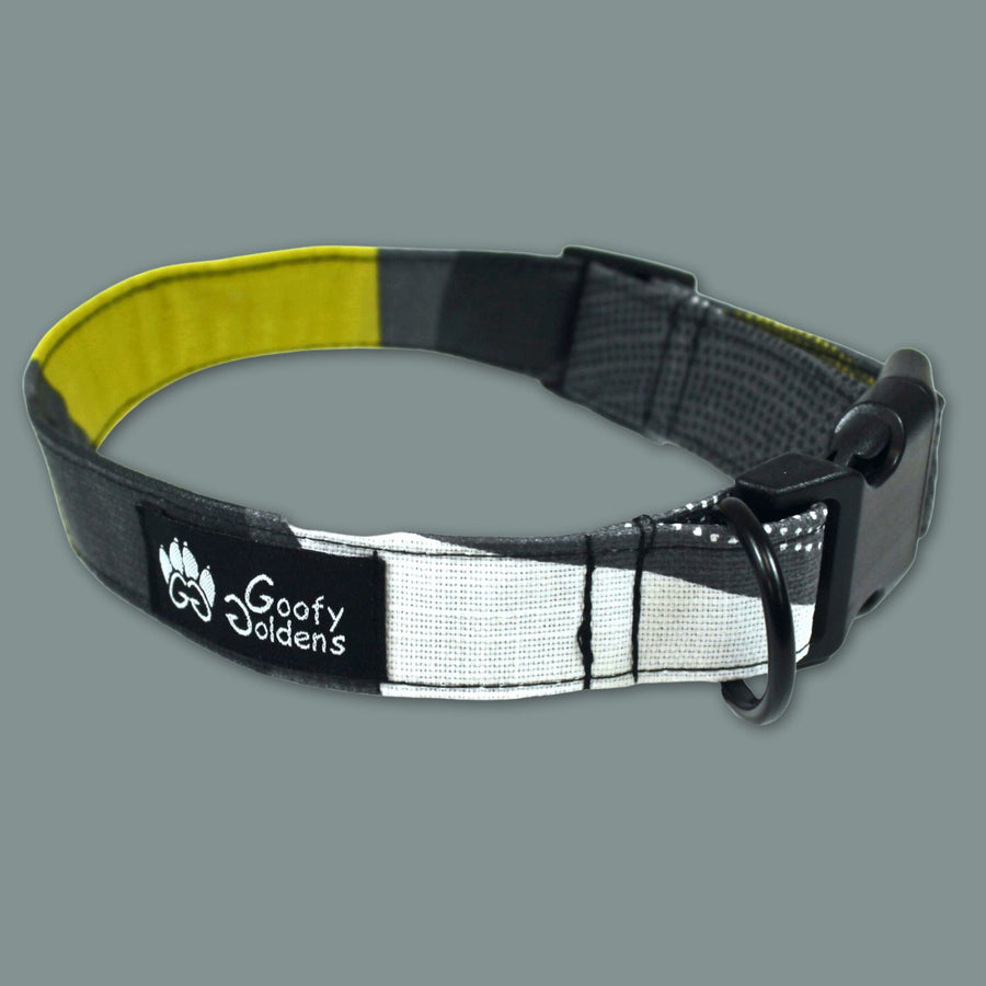 Collier chien confortable et en tissu de la collection Elegant aux tons noir jaune et blanc. Marque Goofy Goldens