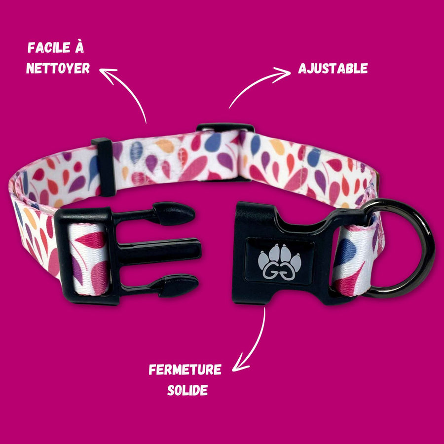 Collier pour chien coloré de la collection Pétales présenté ouvert afin de mettre en avant la boucle de fermeture solide