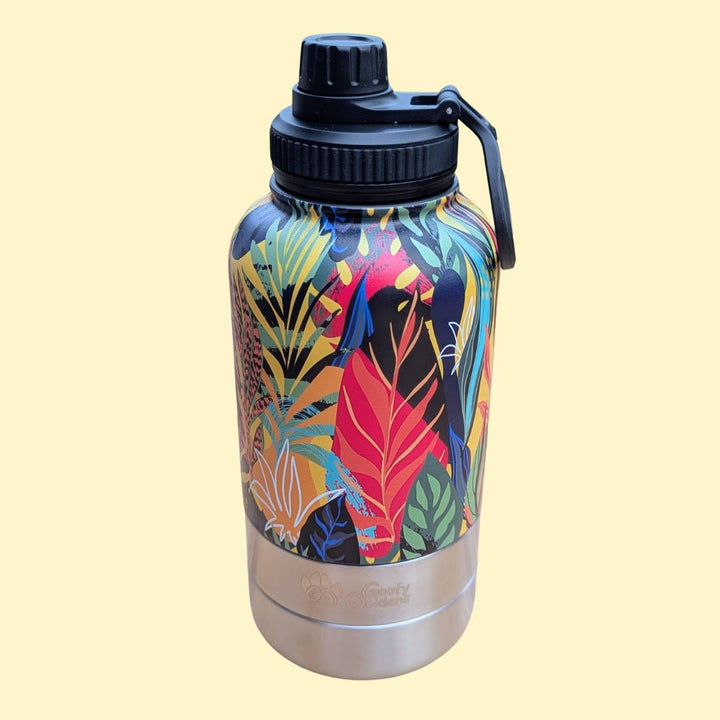Gourde de randonnée 3en1 pour chien et humain isotherme de la marque Goofy Goldens, ornée de motifs tropicaux aux couleurs jaune, rouge, vert, orange et noi