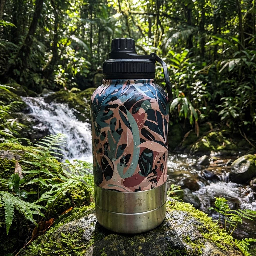 Gourde 3-en-1 Savane aux tons marron, vert et beige, posée sur un rocher au cœur d’une nature sauvage, le long d’une rivière.