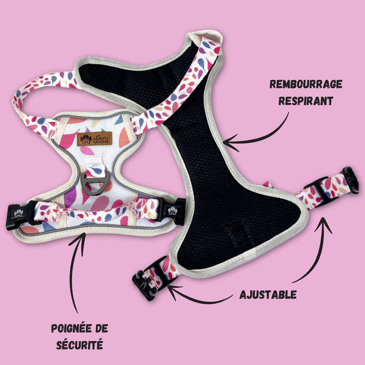 Harnais anti-traction de la gamme pétale présenté ouvert et à plat pour distinguer le double rembourrage assurant un grand confort au chien que le porte.