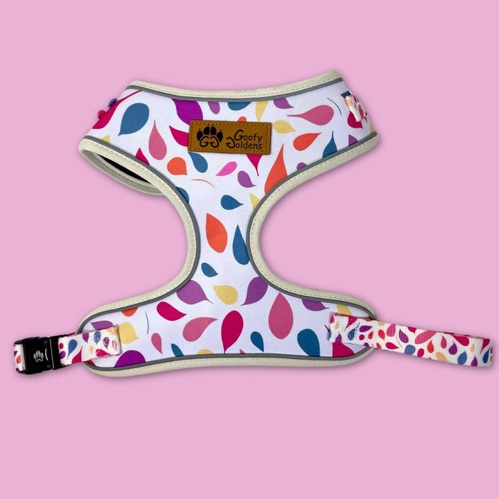 Harnais solide et tendance pour chien aux motifs en forme de pétale de couleur bleue, jaune, orange, rose, pourpre et violet de la marque Goofy Goldens.