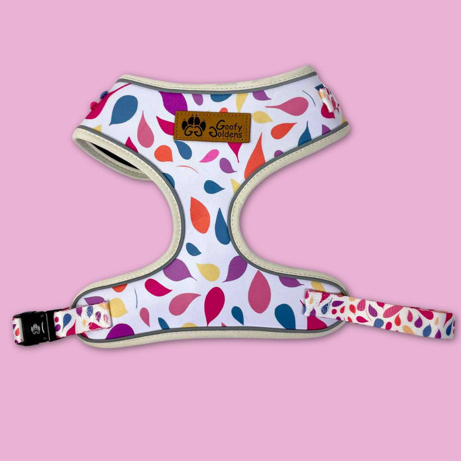 Harnais solide et tendance pour chien aux motifs en forme de pétale de couleur bleue, jaune, orange, rose, pourpre et violet de la marque Goofy Goldens.