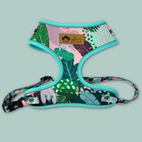Harnais pour chien tendance aux motifs originaux sur des tons verts, roses et marrons de la marque innovante Goofy Goldens.