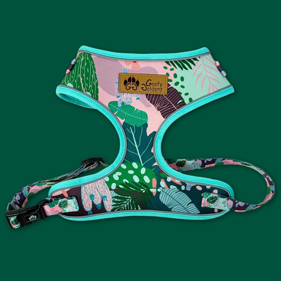 Harnais pour chien tendance aux motifs originaux sur des tons verts, roses et marrons de la marque innovante Goofy Goldens.