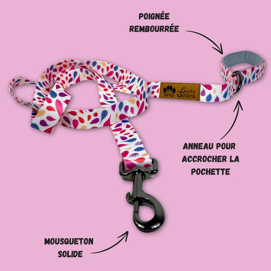 Laisse pour chien de 180 cm idéale pour des balades détendues et stylées grâce à ses belles couleurs bleues, jaunes, oranges, roses, pourpres et violets de la marque Goofy Goldens.