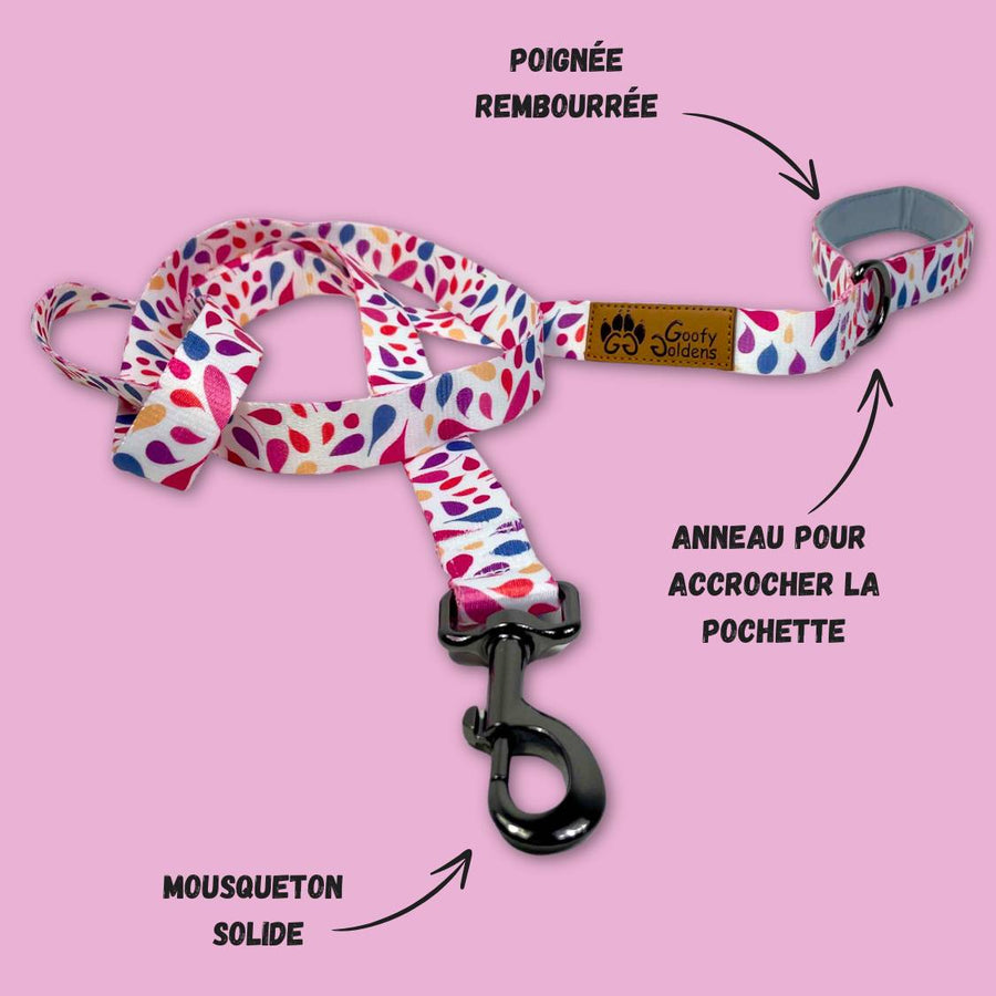 Laisse pour chien de 180 cm idéale pour des balades détendues et stylées grâce à ses belles couleurs bleues, jaunes, oranges, roses, pourpres et violets de la marque Goofy Goldens.