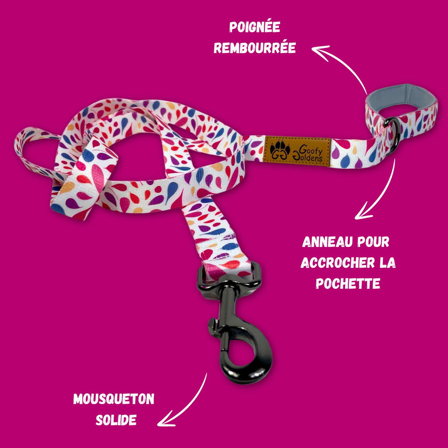 Laisse pour chien de 150 cm idéale pour des balades détendues et stylées grâce à ses belles couleurs bleues, jaunes, oranges, roses, pourpres et violets de la marque Goofy Goldens.