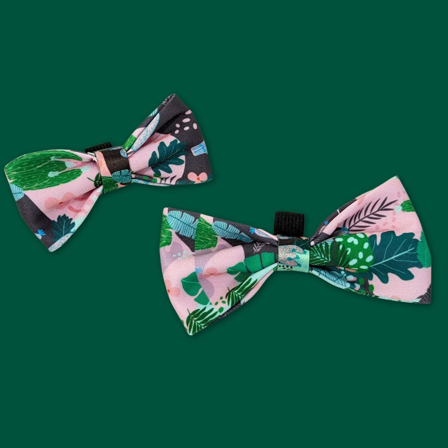 On peut voir ici sur fond vert, les deux tailles existantes des noeuds papillon pour chien Cactus de chez Goofy Goldens