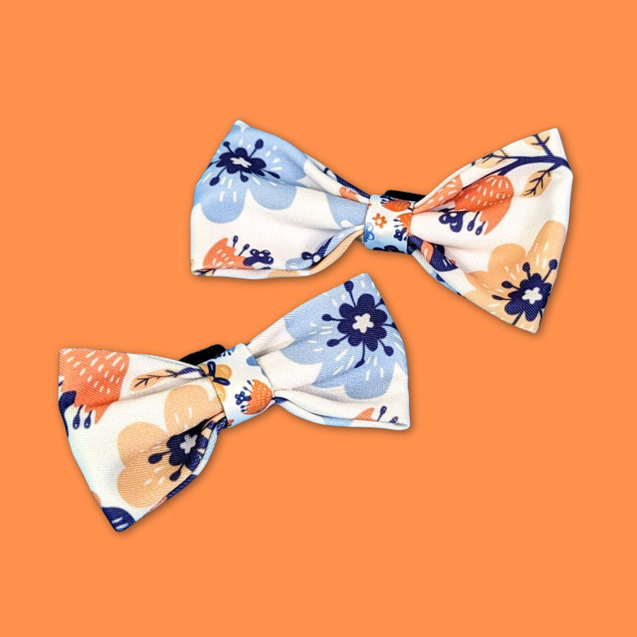 On peut voir ici, sur fond orange, les deux tailles du noeud papillon de la collection Printemps