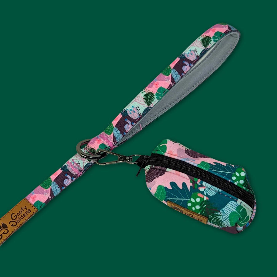 Magnifique ensemble laisse et pochette de sacs à crottes de la collection cactus aux tons vert, rose et mauve