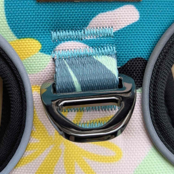 Zoom sur l'anneau en D solide au dos du harnais pour chein Récid de la marque Goofy Goldens